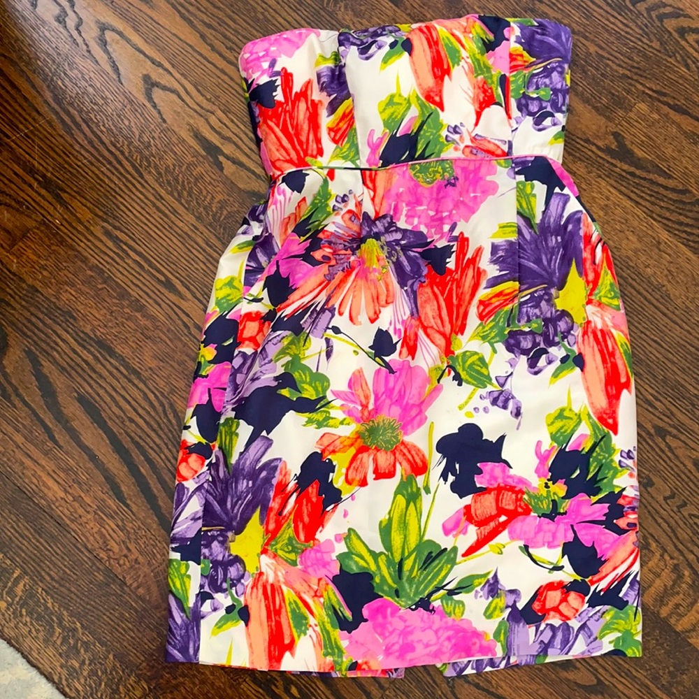 Bright pink, coral, purple and green minidress with pockets.